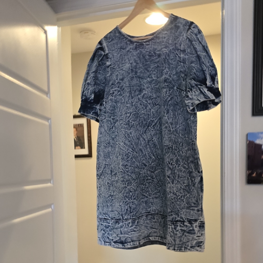 Who What Wear Crinkled Indigo Short-Sleeve Mini Dress